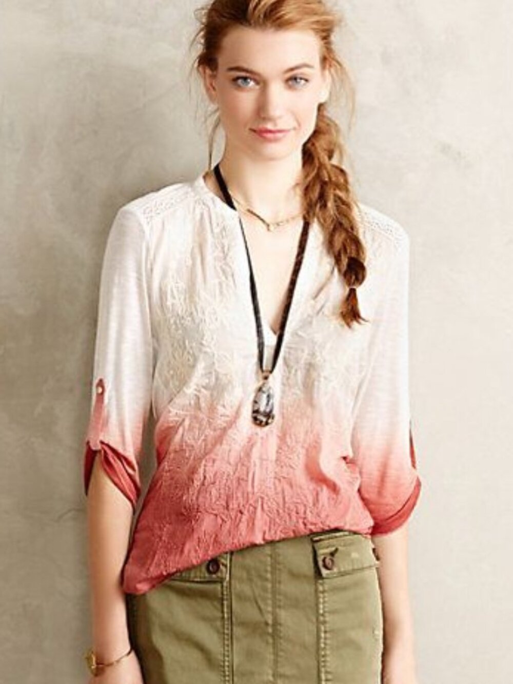 Anthropologie Stitched Ombre Popover Top Shirt White Red